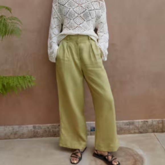 MARKS & SPENCER Pure Linen Wide Leg Trouser - Onyx Green - US 16 / UK 20L NEW WT - Picture 1 of 5